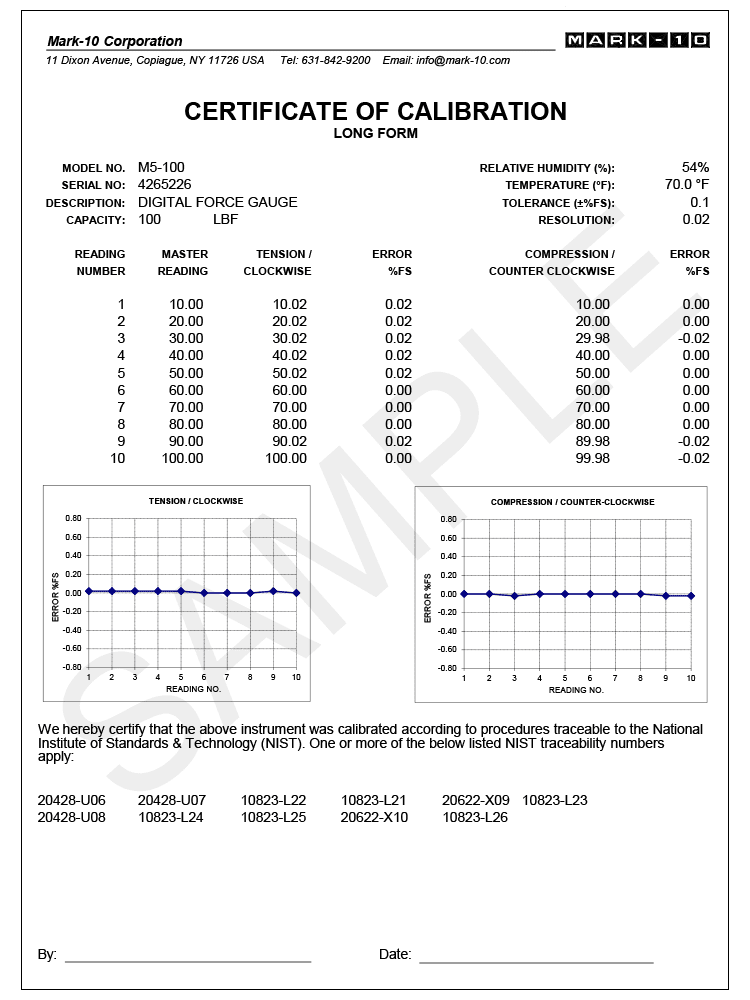 CERT NIST-Traceable Certificate of Calibration with Data